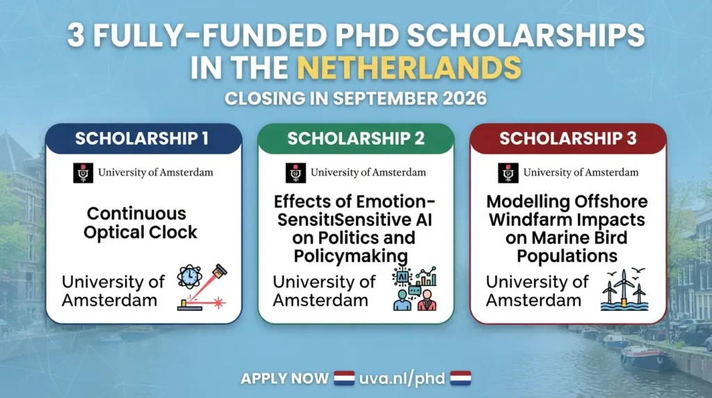 3 Fully-Funded PhD Scholarships in the Netherlands Closing in September 2026