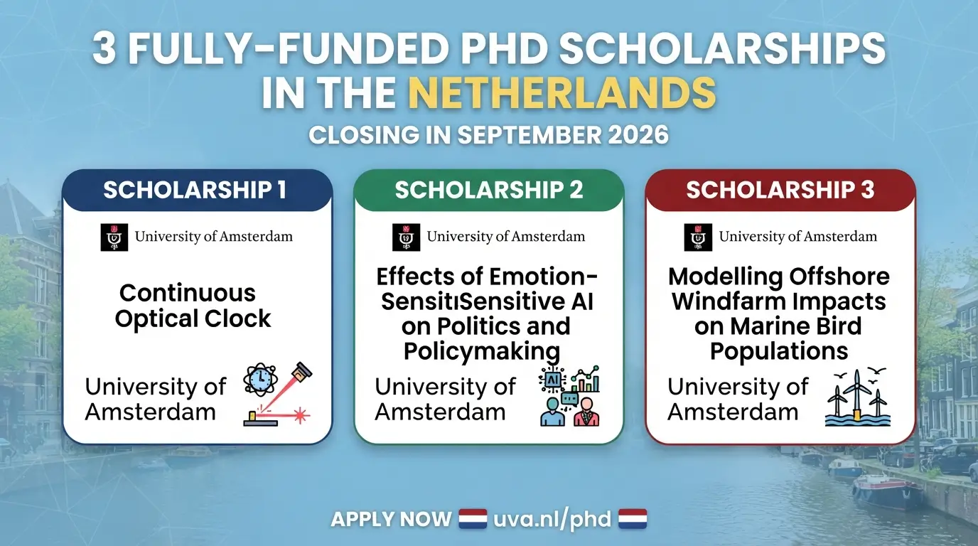 3 Fully-Funded PhD Scholarships in the Netherlands Closing in September 2026