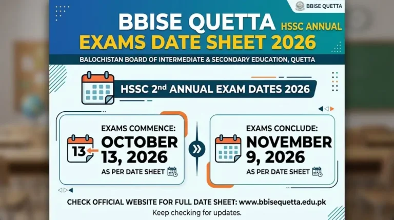 BBISE Quetta HSSC 2nd Annual Exams Date Sheet