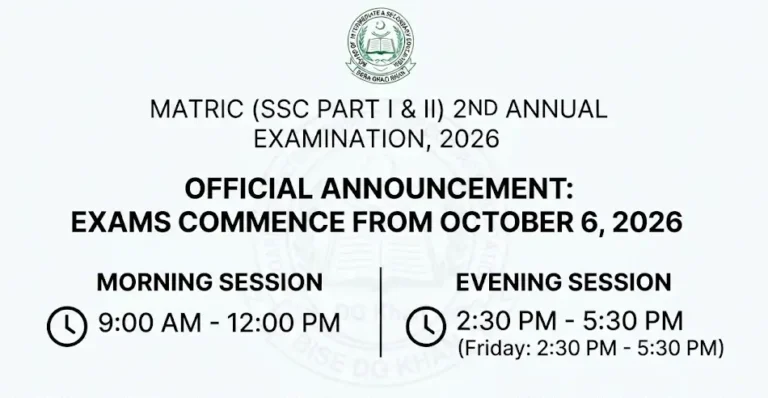 BISE DG Khan Matric 2nd Annual Exams Date Sheet