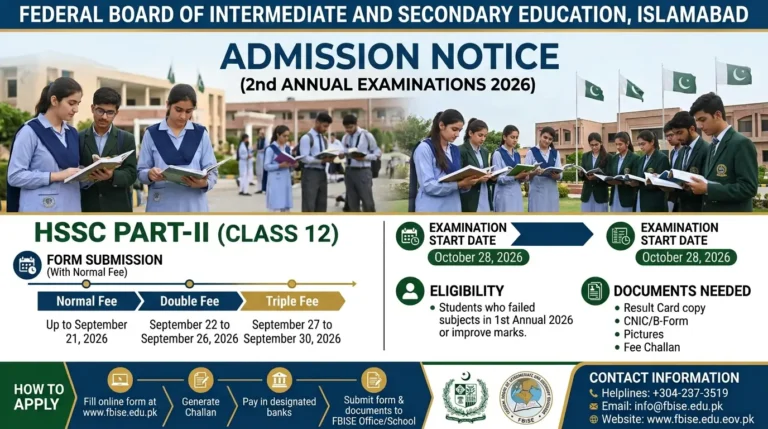 FBISE 12th Class 2nd Annual Exam 2026 Admission Fee and Last Dates